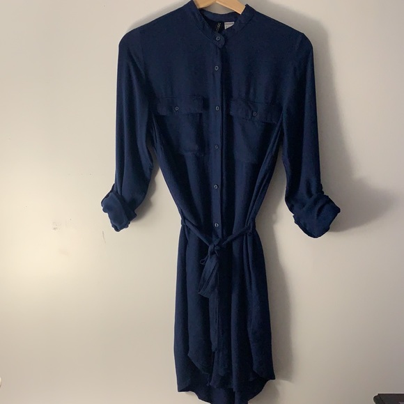H&M Divided Navy Blue Button Down Tie Shirt Dress - Picture 3 of 8